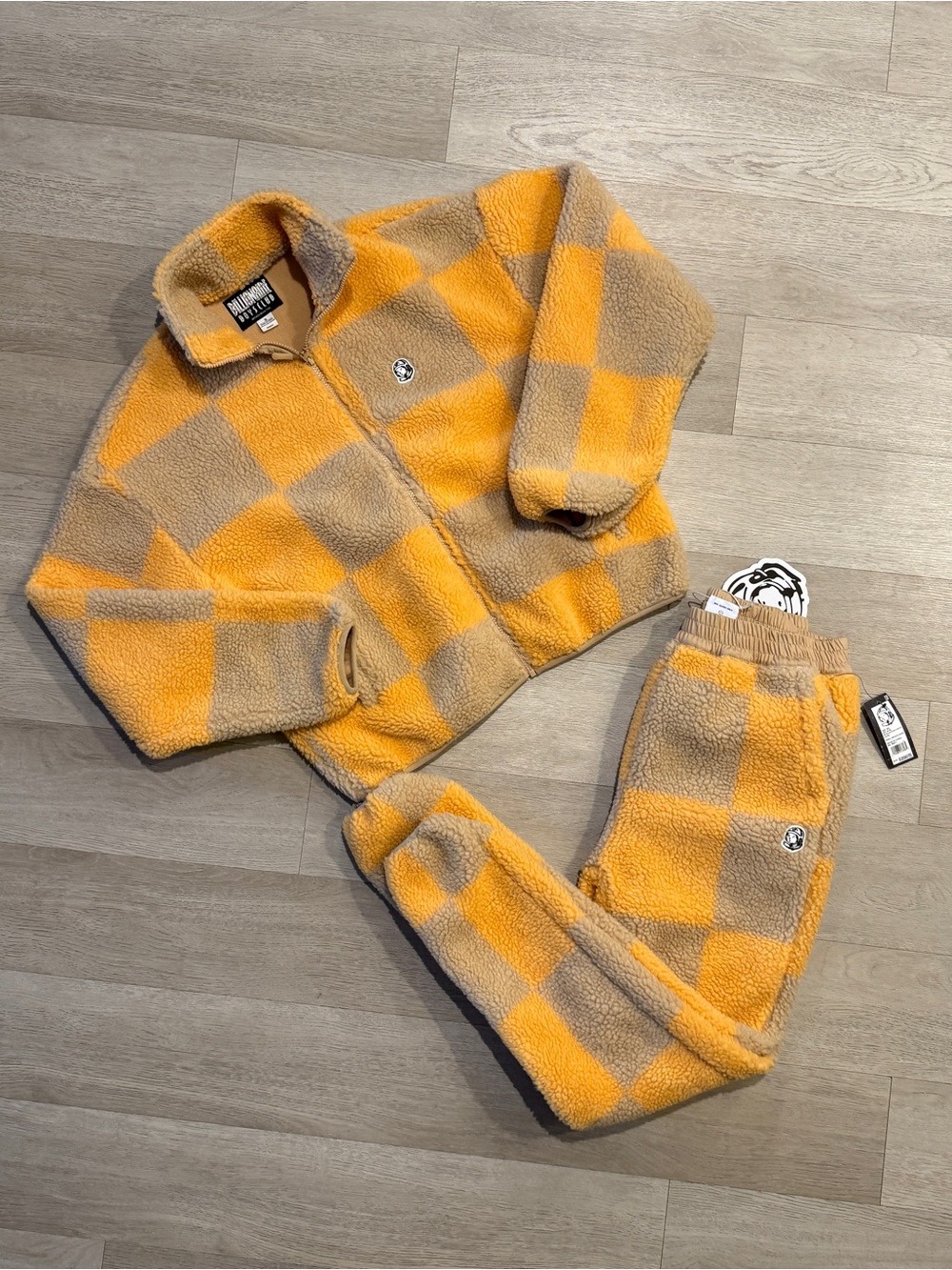 Billionaire Boys Club yellow and brown checkered fleece cozy jacket and sweats